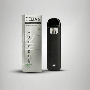 Black Delta 8 vape pen and its packaging on a gray background Official Farmacy