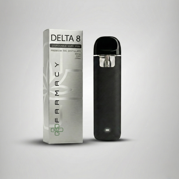 Black Delta 8 vape pen and its packaging on a gray background Official Farmacy