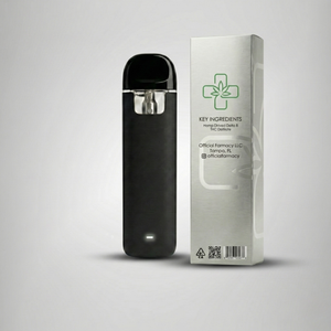 Black vape device with a white box labeled 'Key Ingredients' on a gray background Official Farmacy dispensary buy weed online