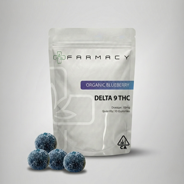 Packaging of Farmacy Delta 9 THC Organic Blueberry gummies on a gray background Official Farmacy edibles
