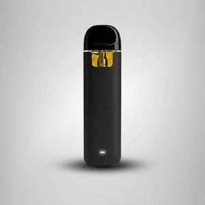 Black vape device with gold accent on a light gray background Official Farmacy Live Resin