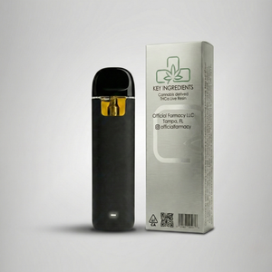 Black vape device with packaging on a gray background Official Farmacy Live Resin