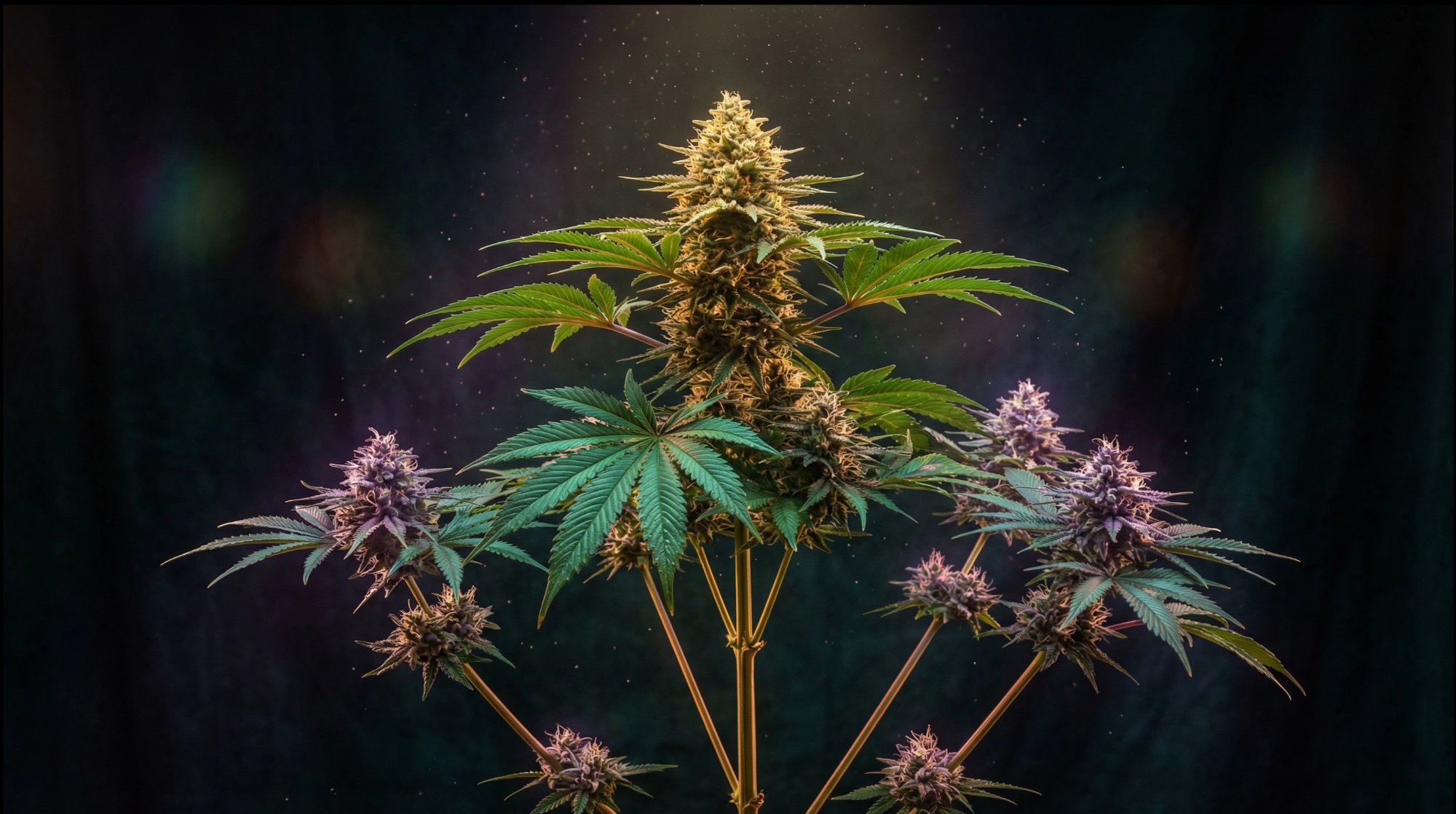 Full cannabis plant with golden cola and purple buds surrounded by sparkling cannabinoid particles