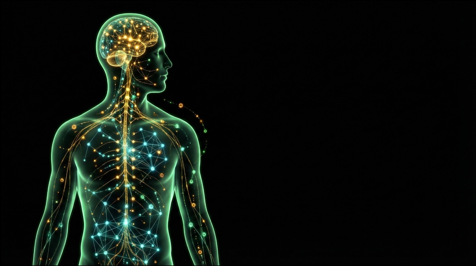 Translucent human silhouette showing gold CB1 receptors in brain and blue-green CB2 receptors throughout body