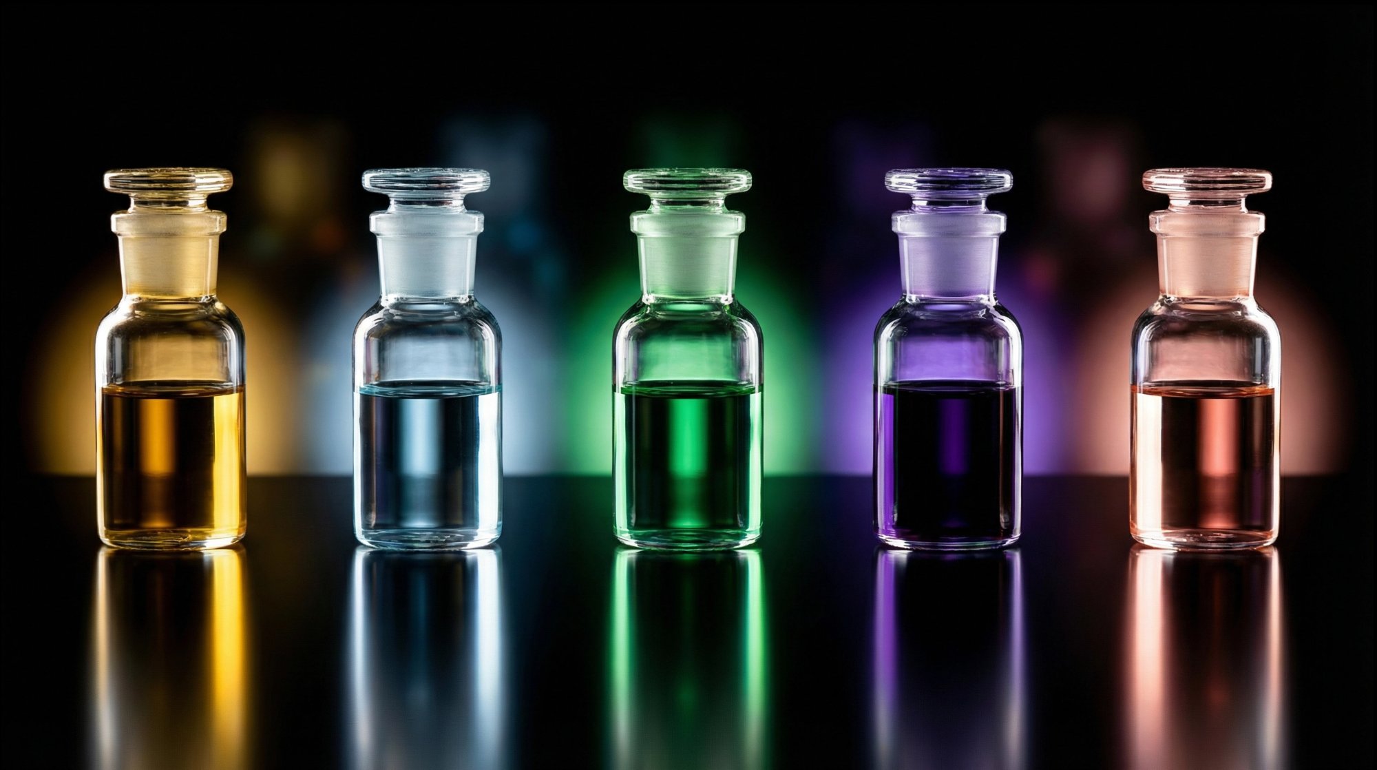 Five color-coded glass vials representing THC, CBD, CBG, CBN, and Delta-8 cannabinoids