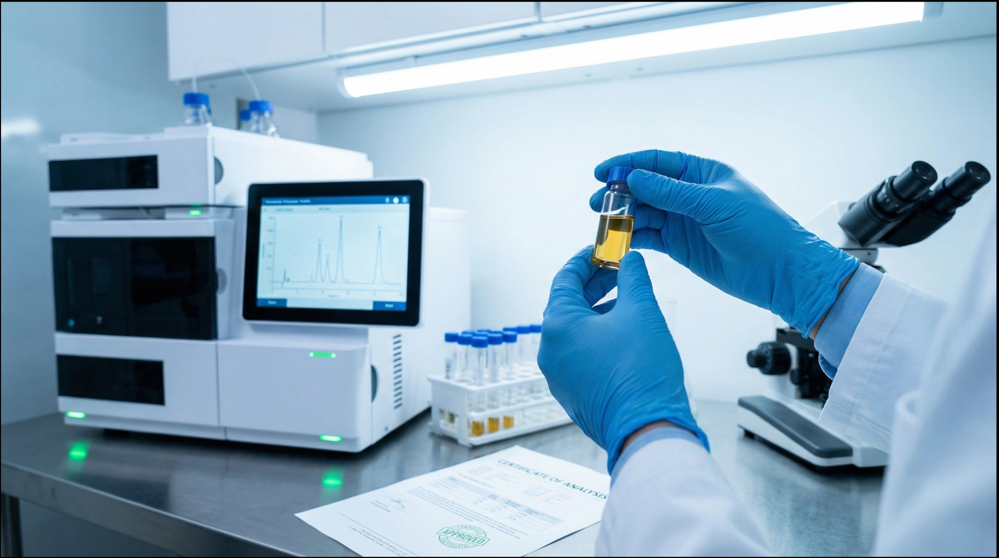 Lab scientist inspecting golden cannabis extract vial with HPLC chromatography machine and approved COA