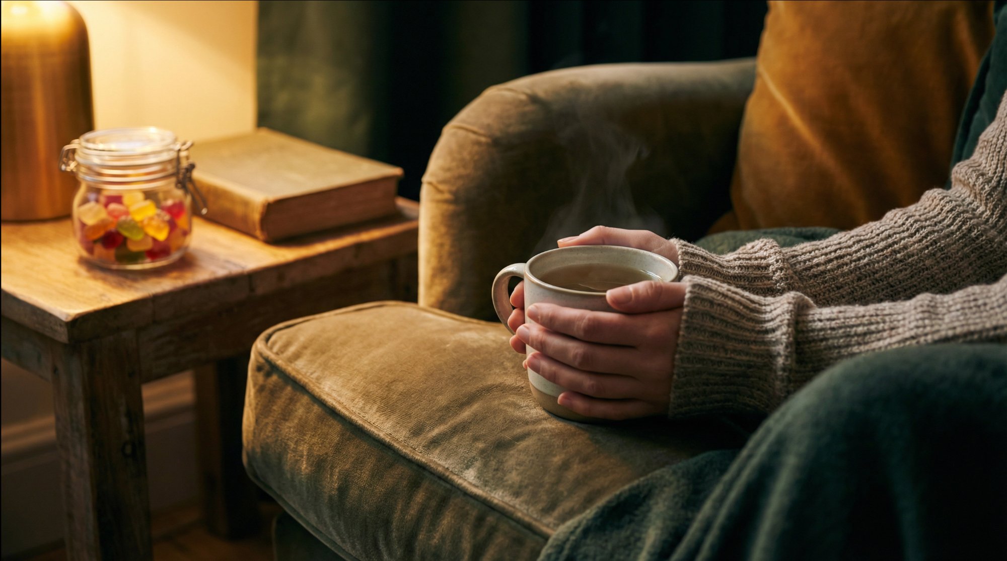 Cozy lifestyle scene with gummies jar and warm amber lighting