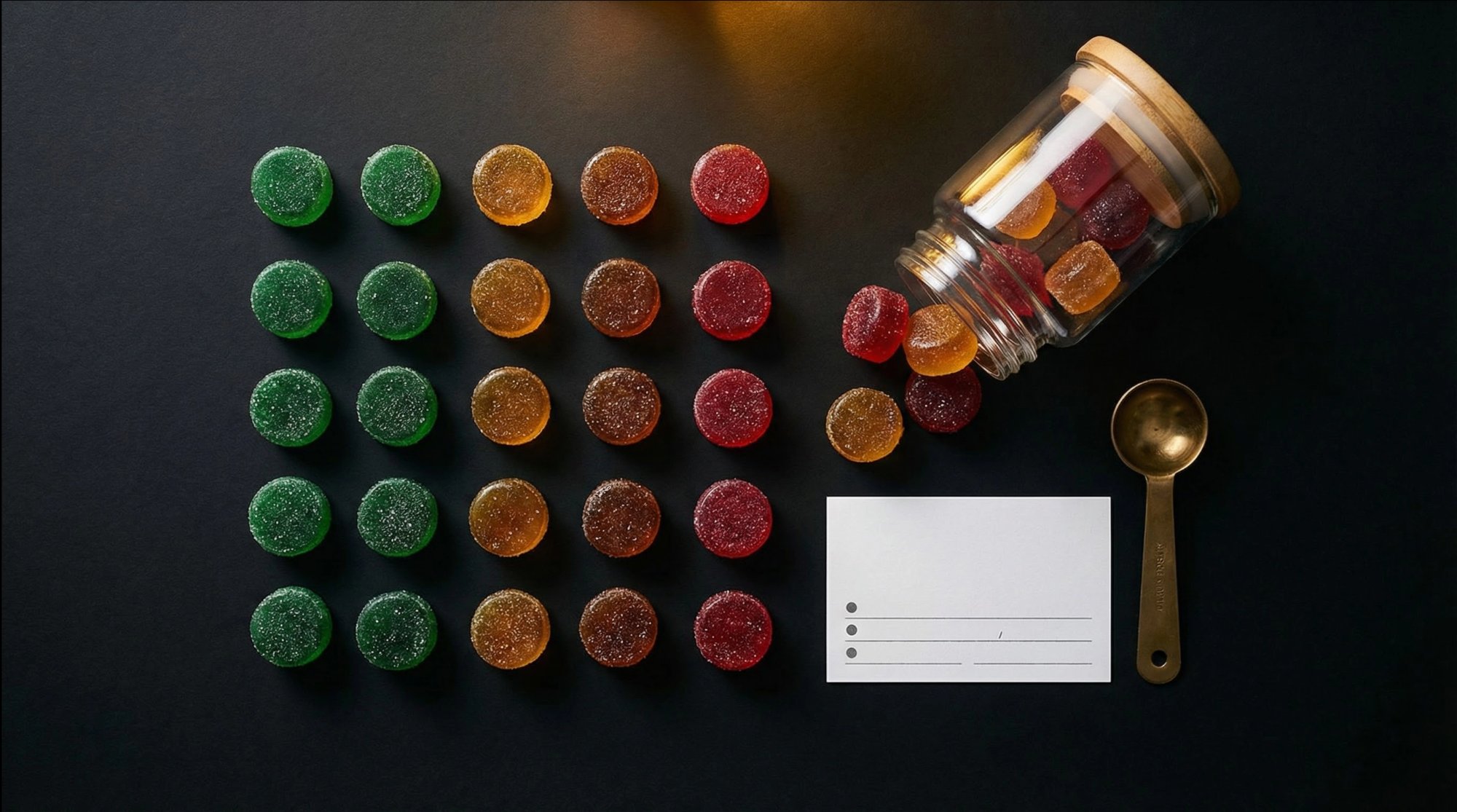 THC gummies in precise grid with dosage card and measuring spoon