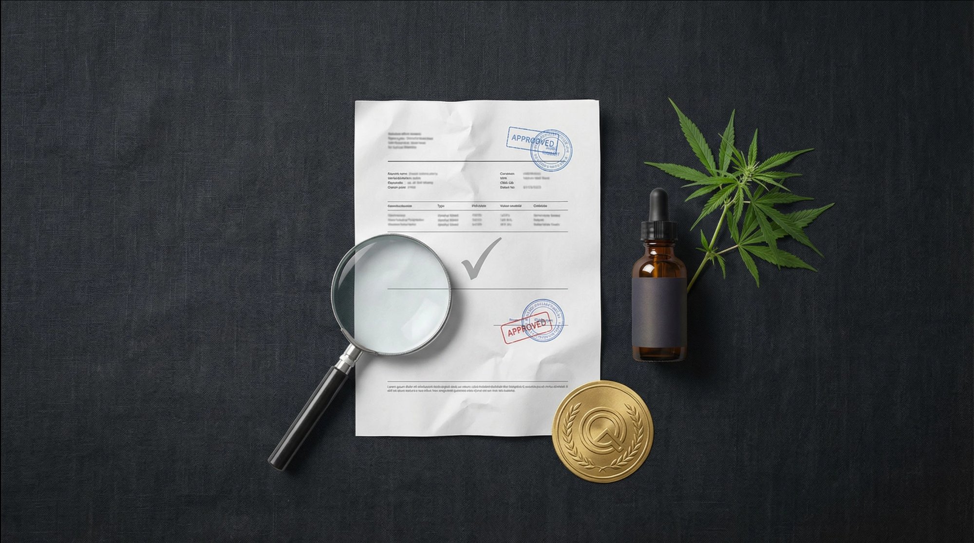 Lab report with approved stamps, magnifying glass, and hemp extract