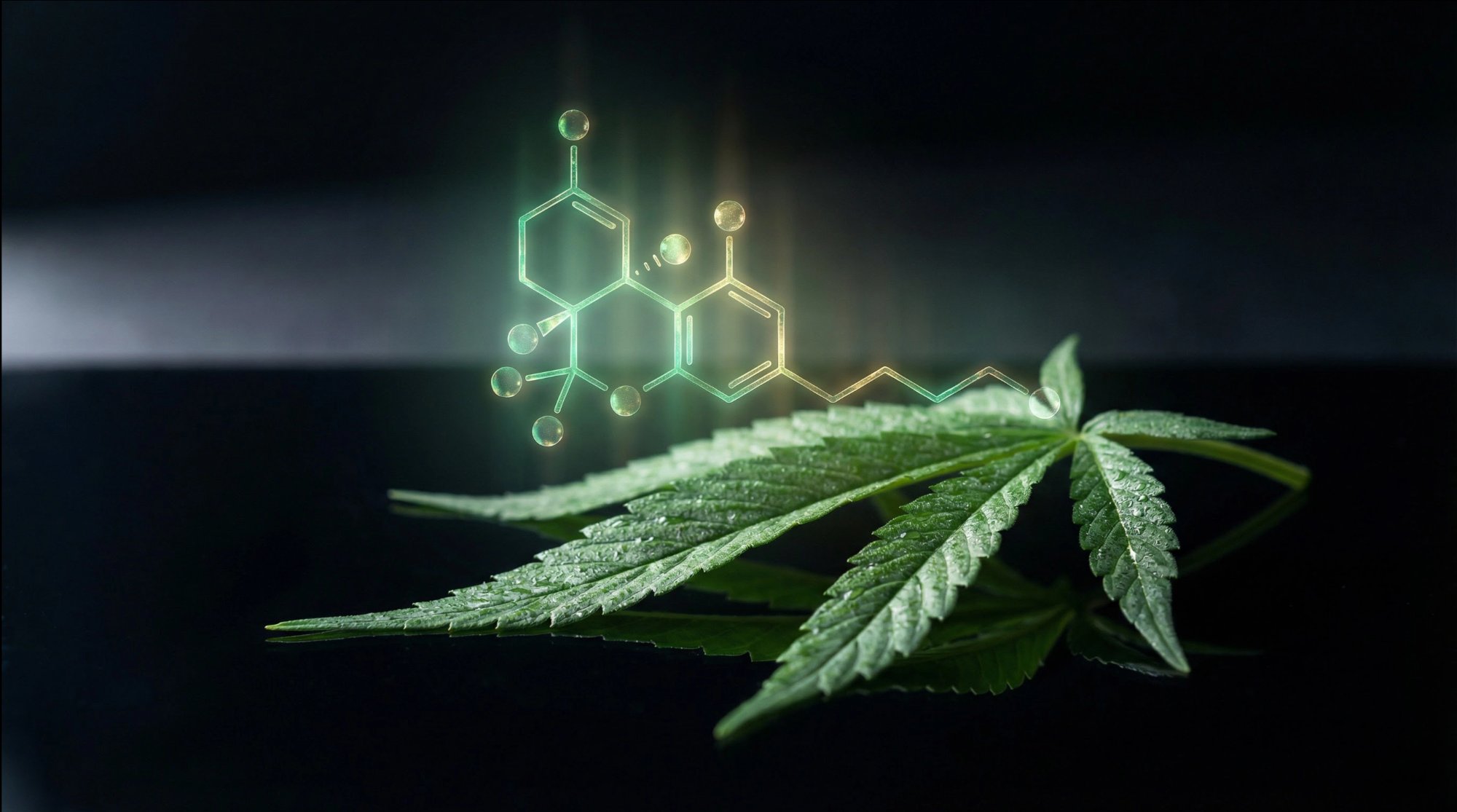 Hemp leaf with glowing holographic THC molecular structure