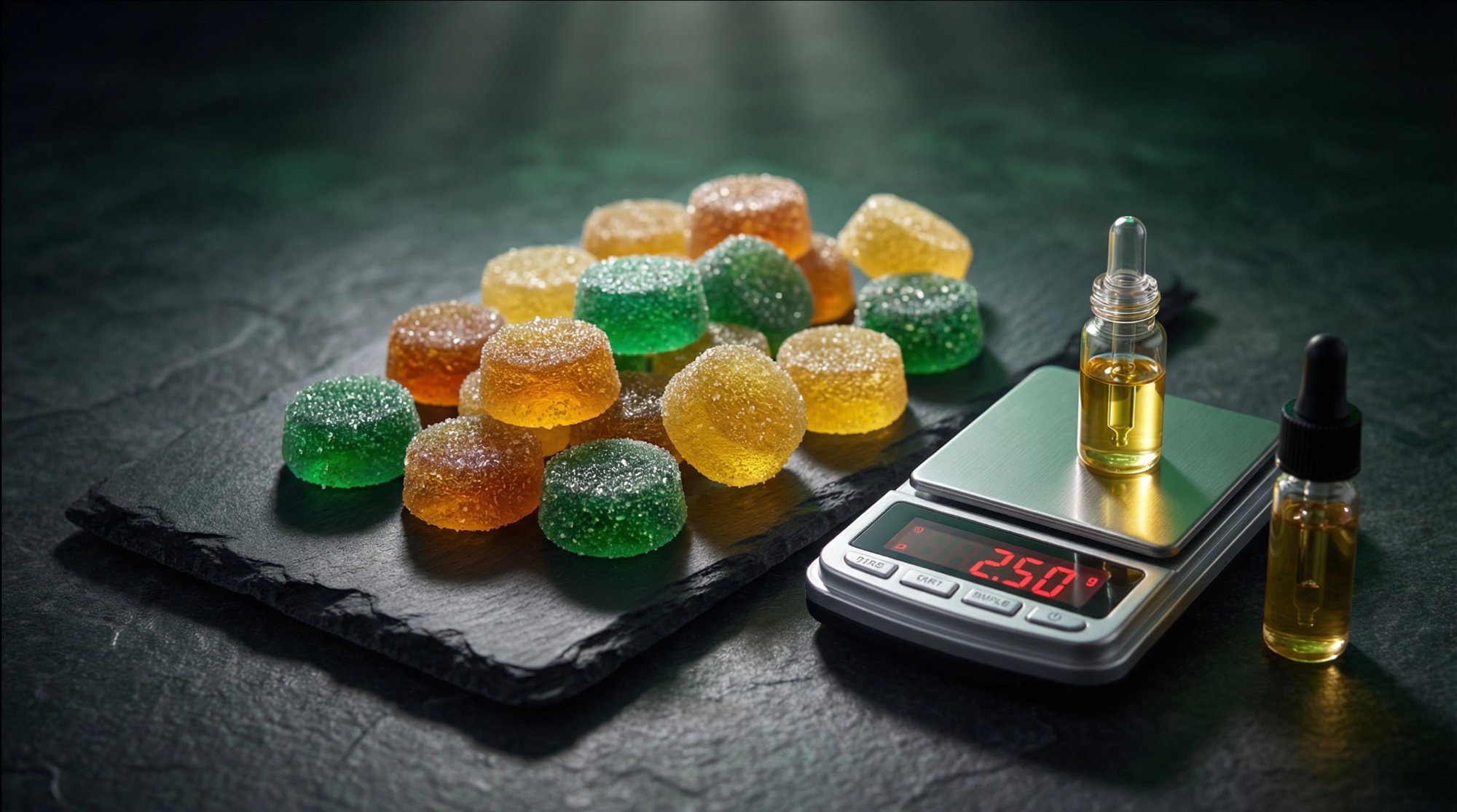 THC gummies with precision scale showing compliant dosing