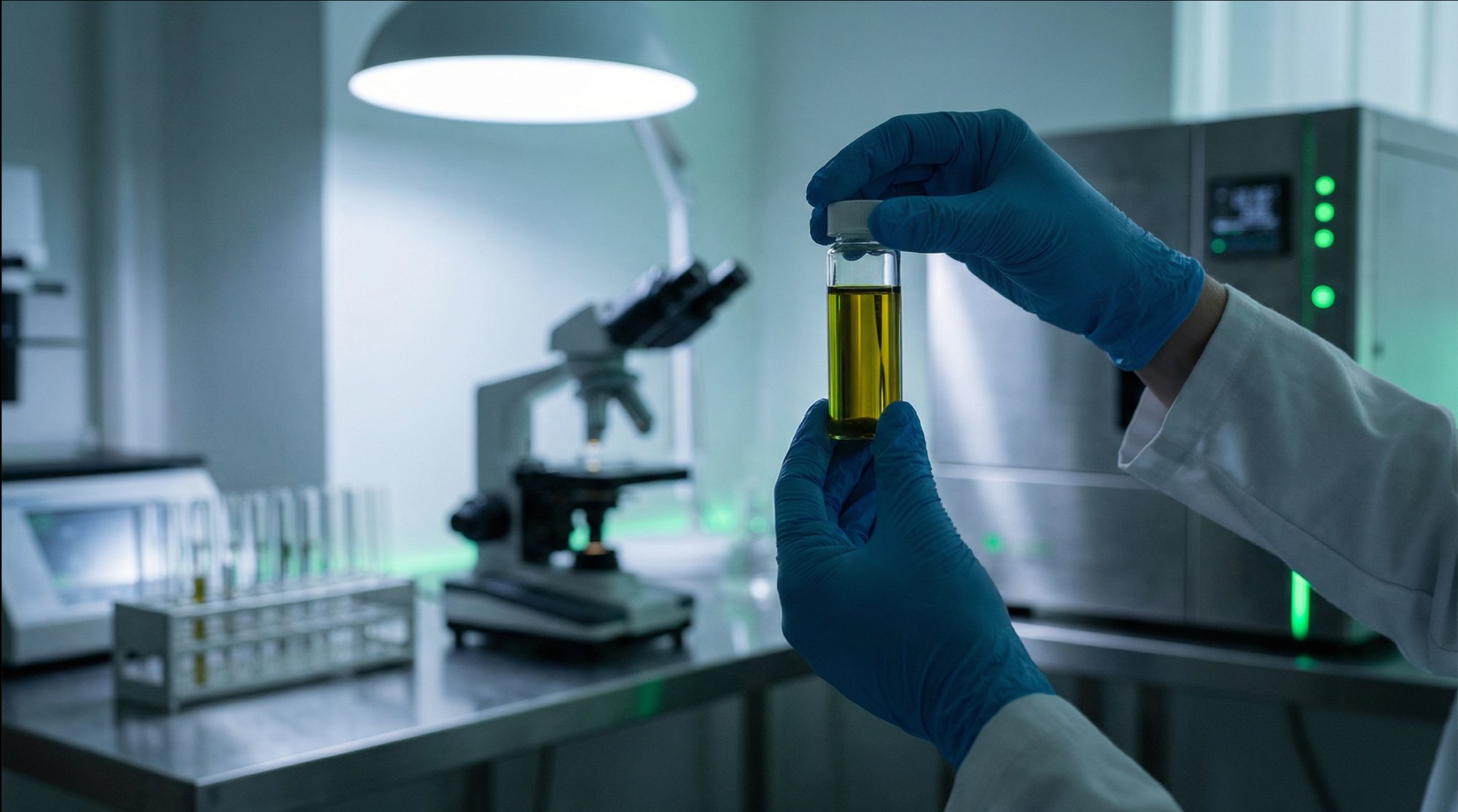 Lab scientist examining hemp extract vial with microscope and testing equipment