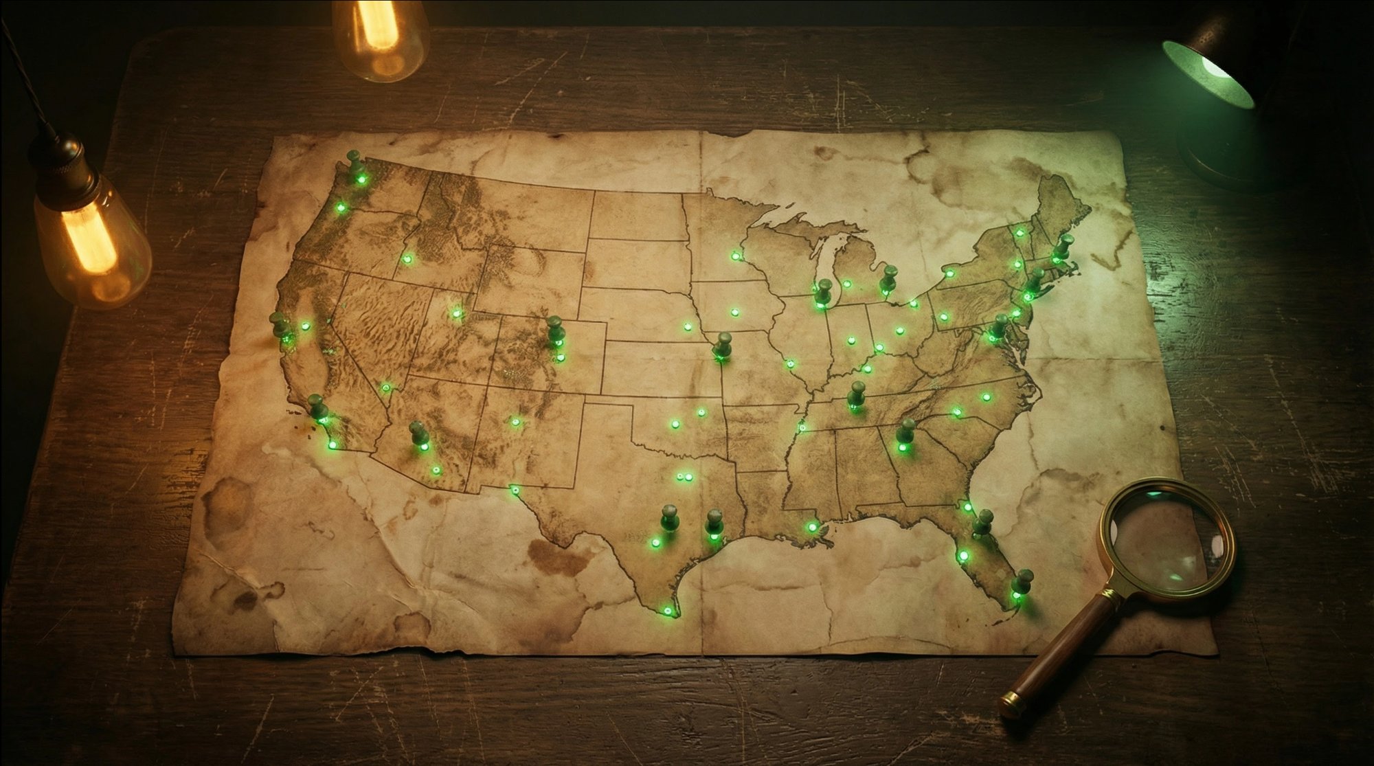 Vintage U.S. map with glowing green pins showing state-level hemp regulations