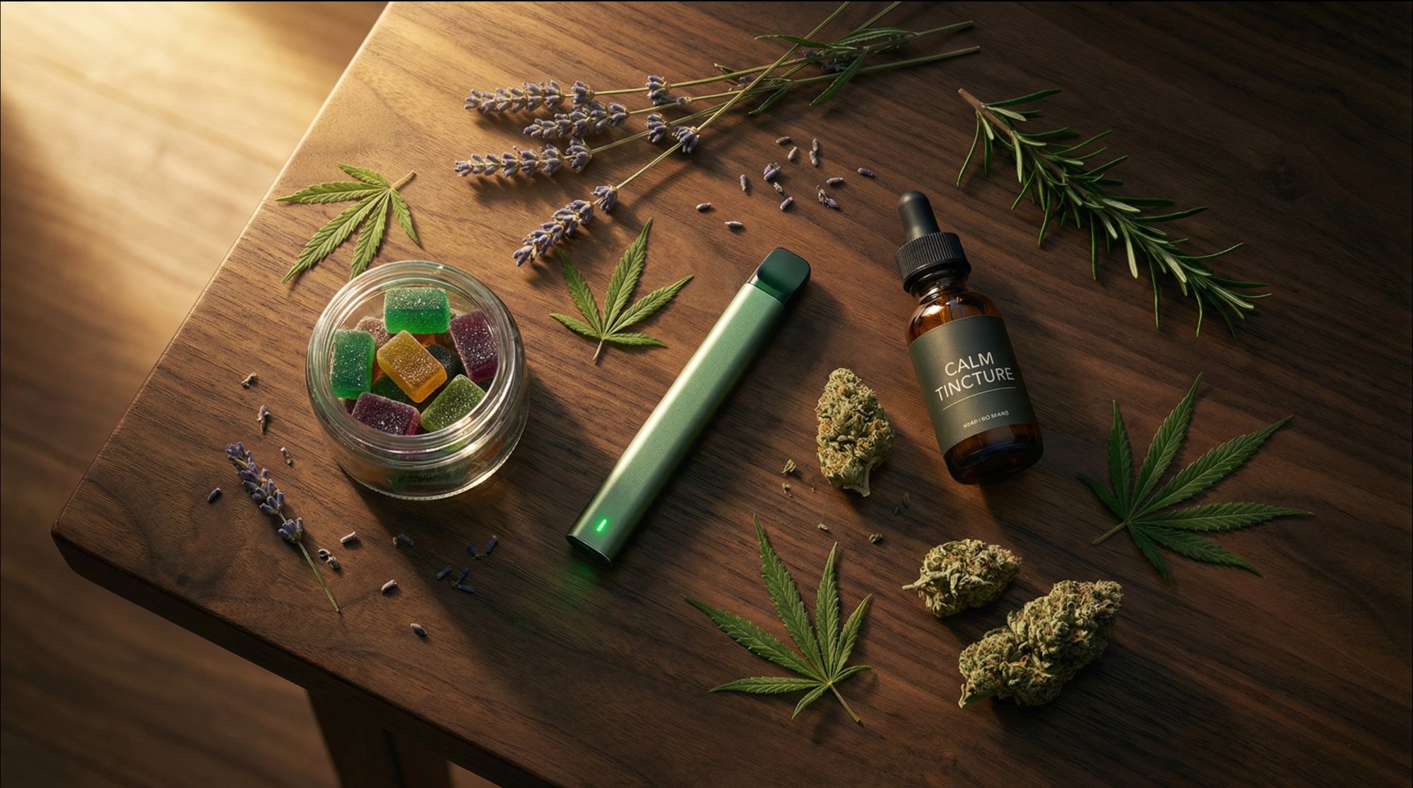 Curated cannabis wellness products with gummies, vape pen, tincture, and herbs