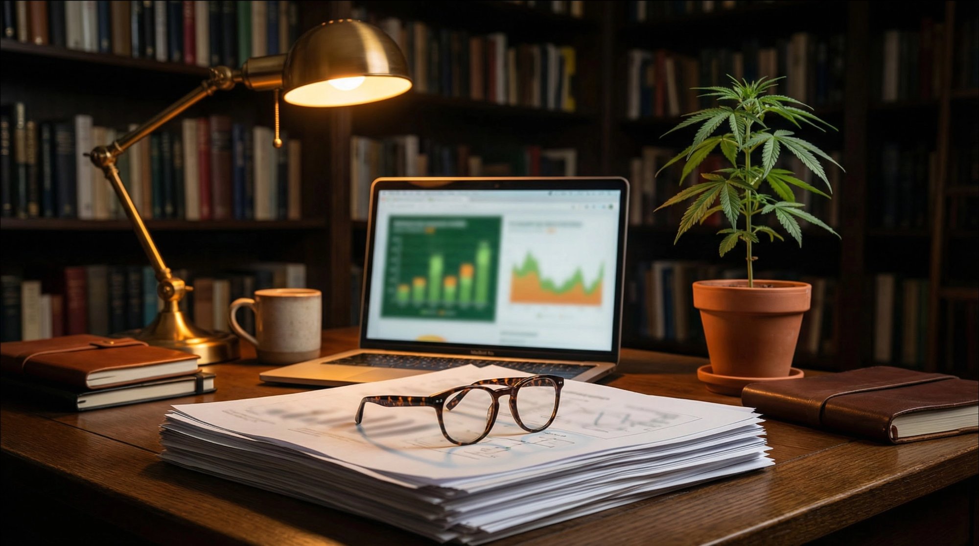 Scholarly desk with research papers, laptop charts, and hemp plant