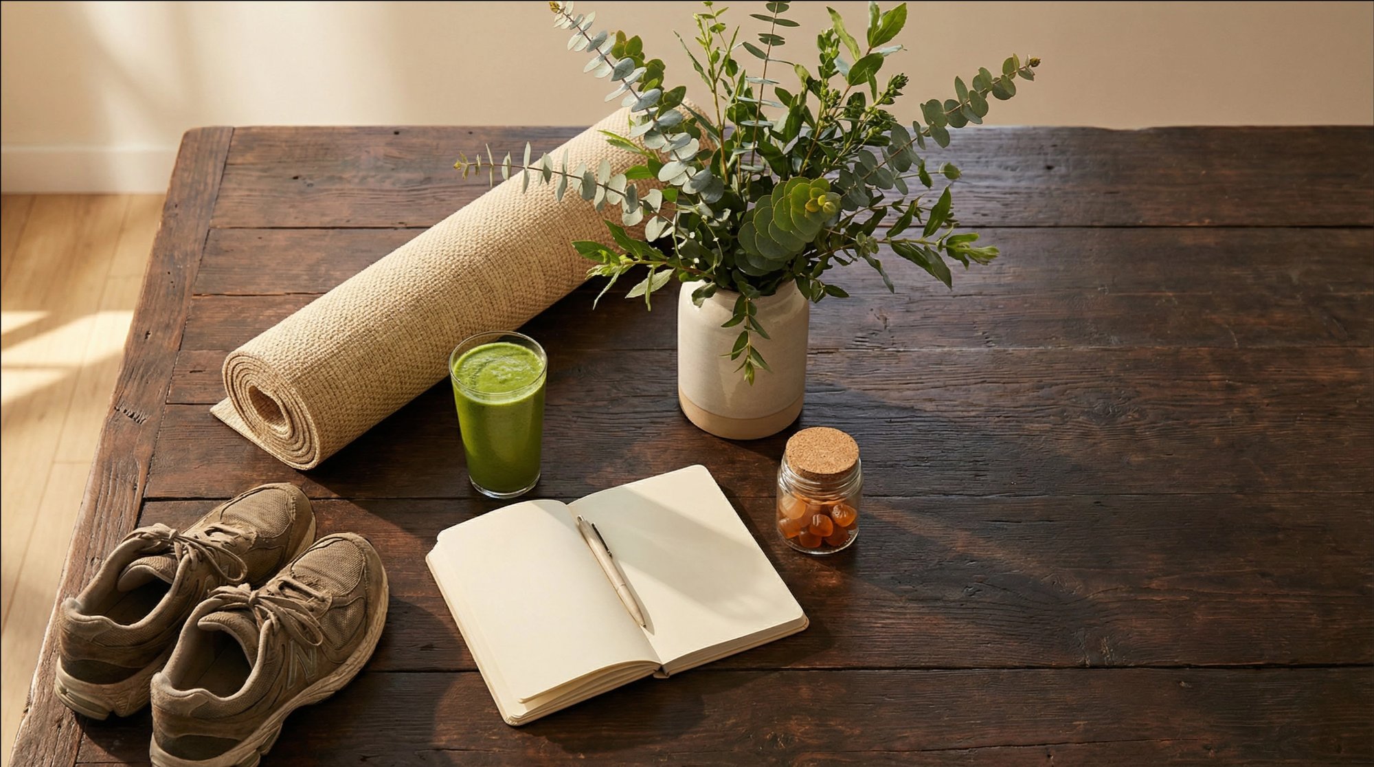 Morning wellness flat-lay with yoga mat, smoothie, journal, and gummies
