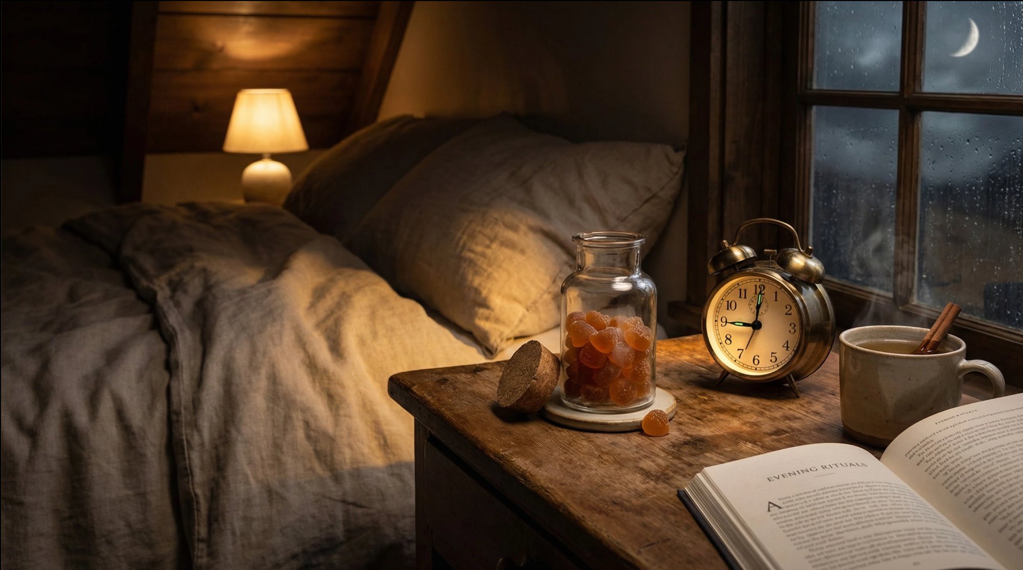 Cozy bedside scene with alarm clock, gummy jar, tea, and crescent moon