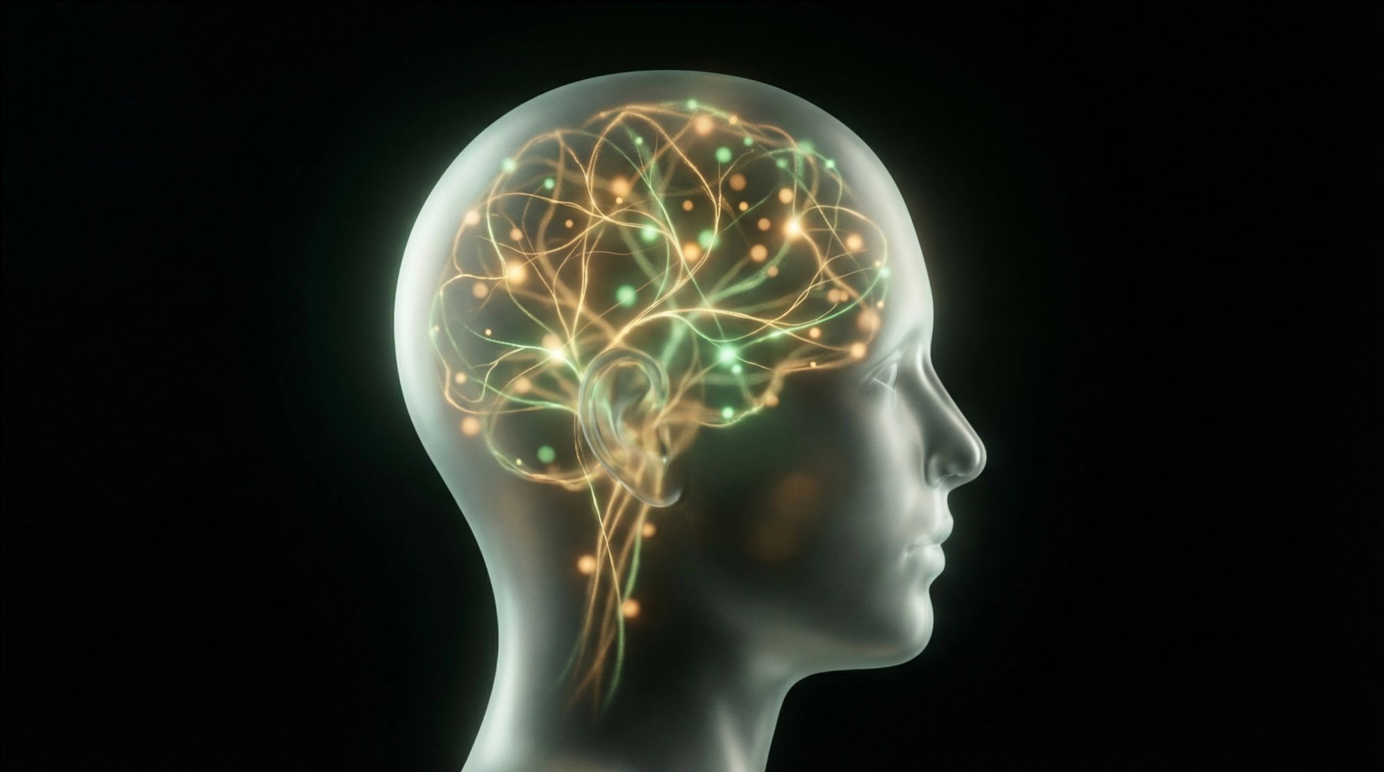 Translucent head silhouette with glowing neural pathways representing the endocannabinoid system
