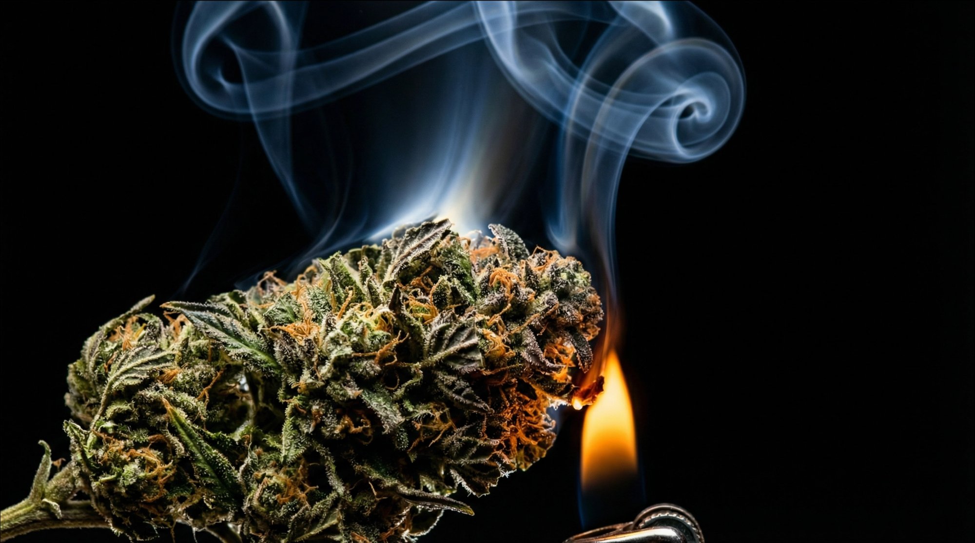 Cannabis bud being lit by flame with elegant smoke spirals
