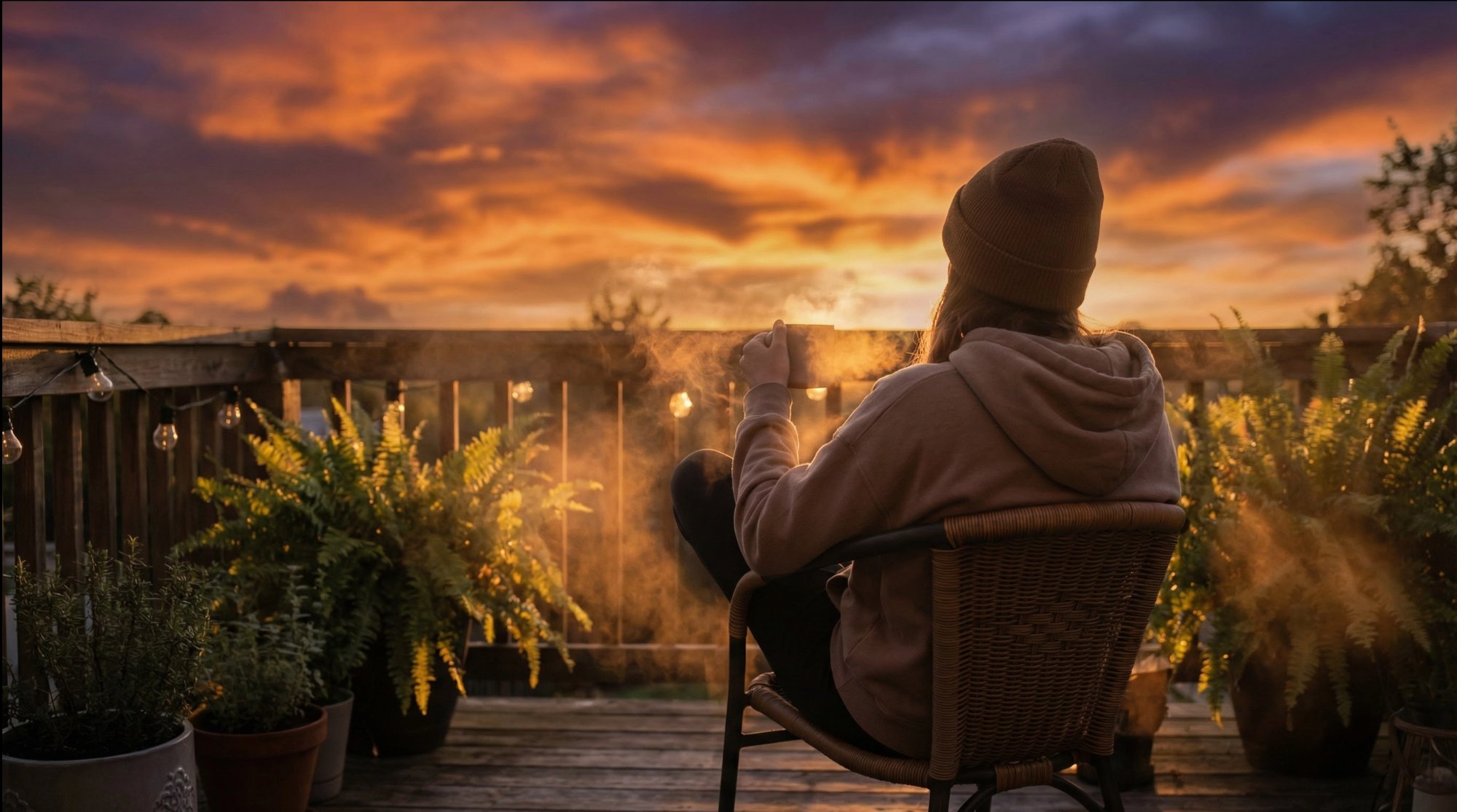 Person relaxing on deck at golden hour sunset with smoke drifting into sky