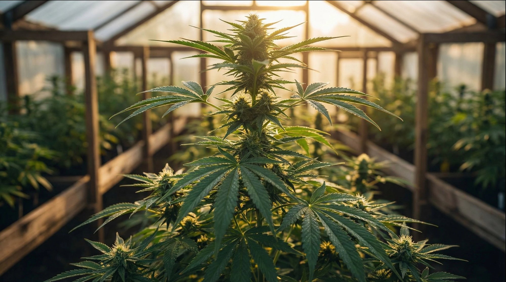 Hemp plant in a sun-drenched greenhouse with golden backlight
