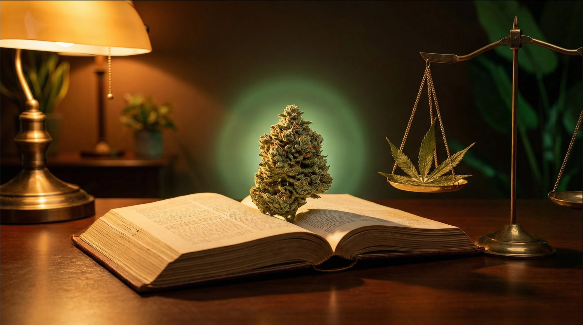 Cannabis bud on law book with brass scales of justice and hemp leaf
