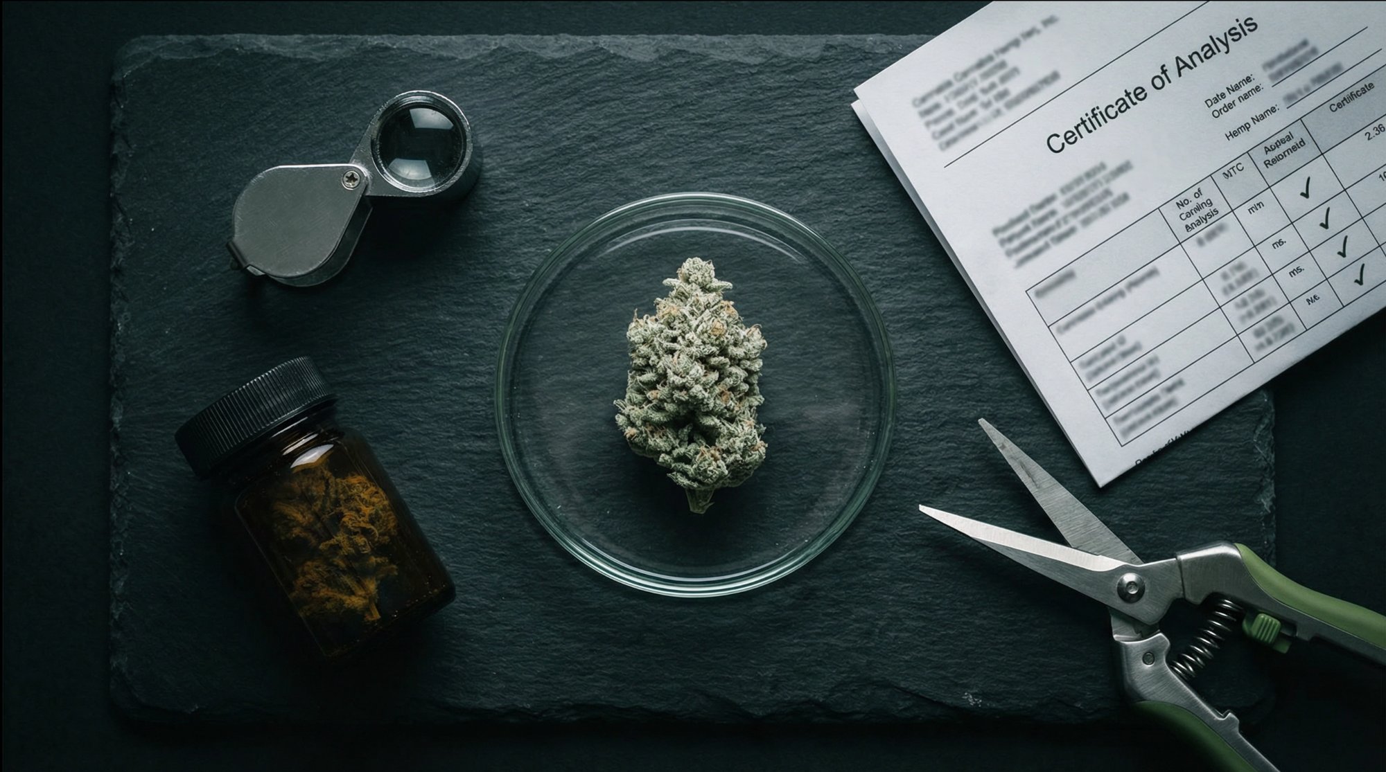 THCa flower bud in petri dish with COA document and quality inspection tools