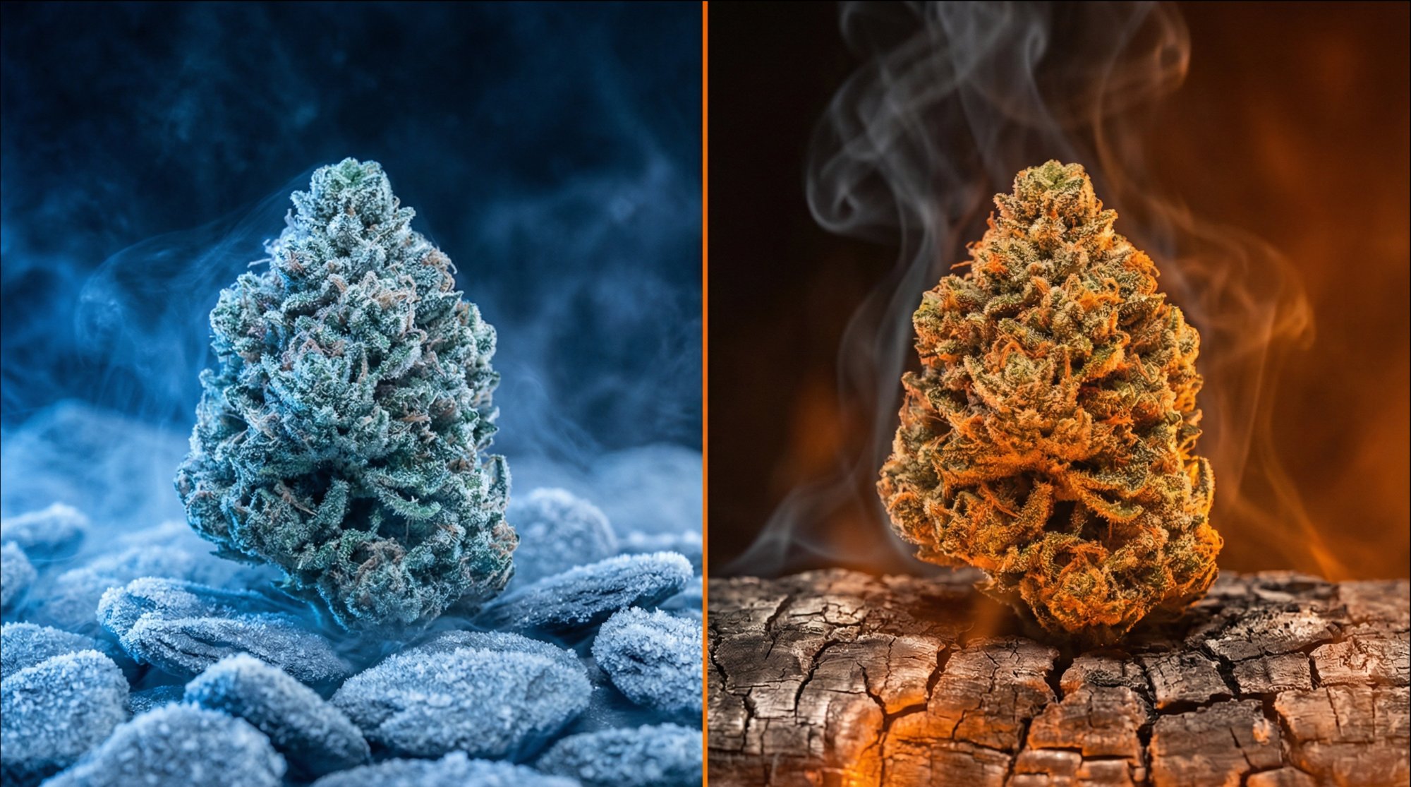 Split-screen showing icy blue raw THCa bud versus warm amber activated THC bud