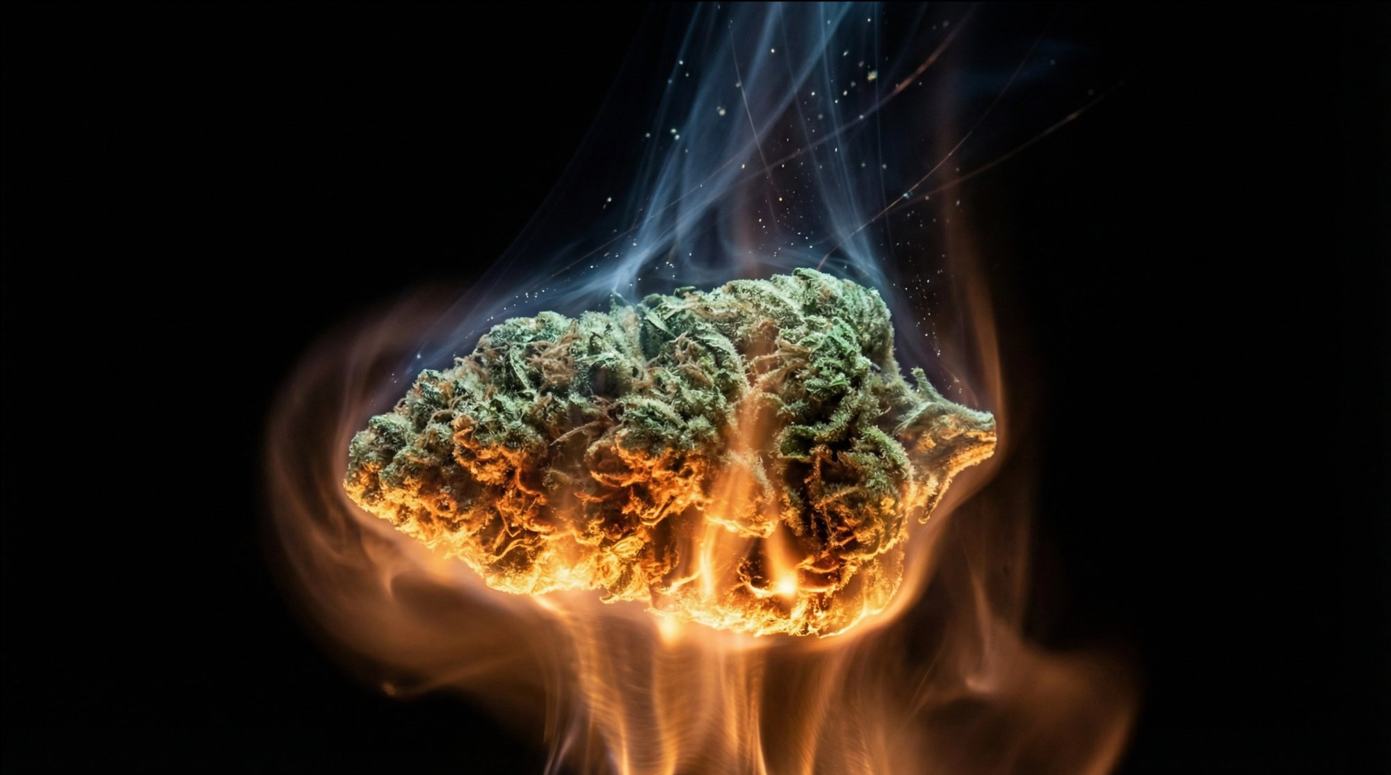 Cannabis bud suspended in flames with vapor particles escaping during decarboxylation