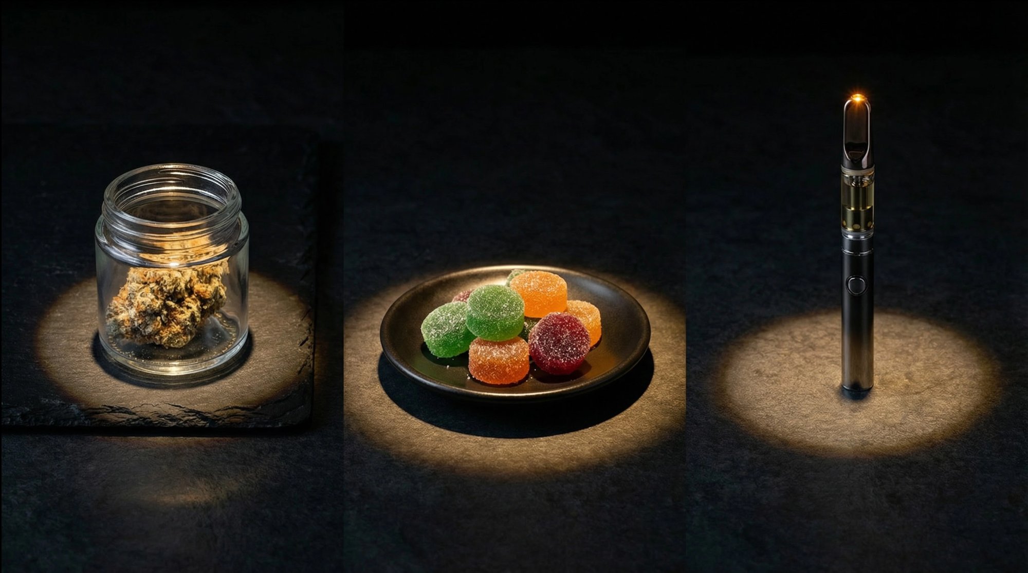 Three spotlit cannabis products: flower jar, THC gummies, and vape cartridge in gallery lineup