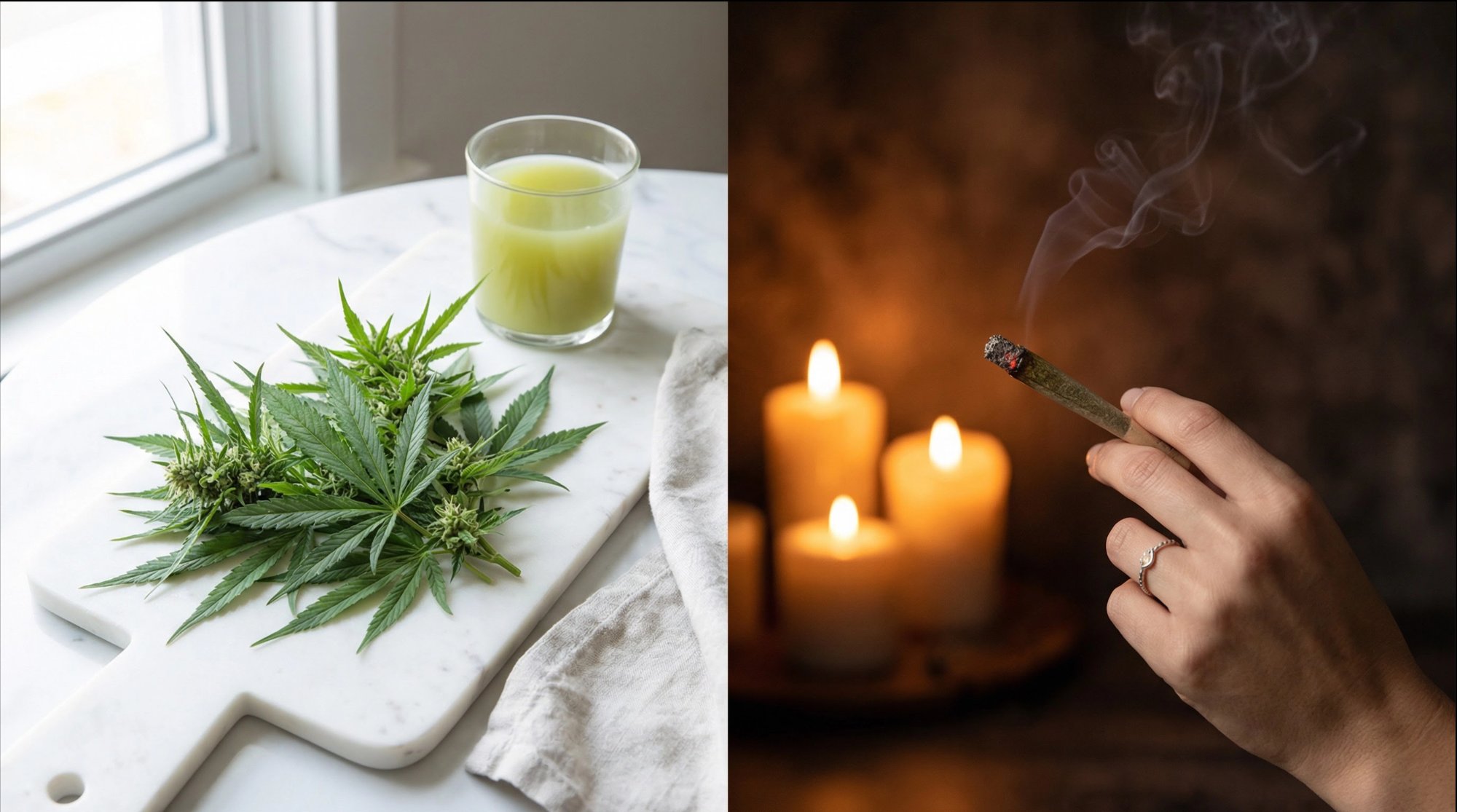 Diptych comparing bright raw cannabis leaves with green juice versus moody candlelit pre-roll with smoke