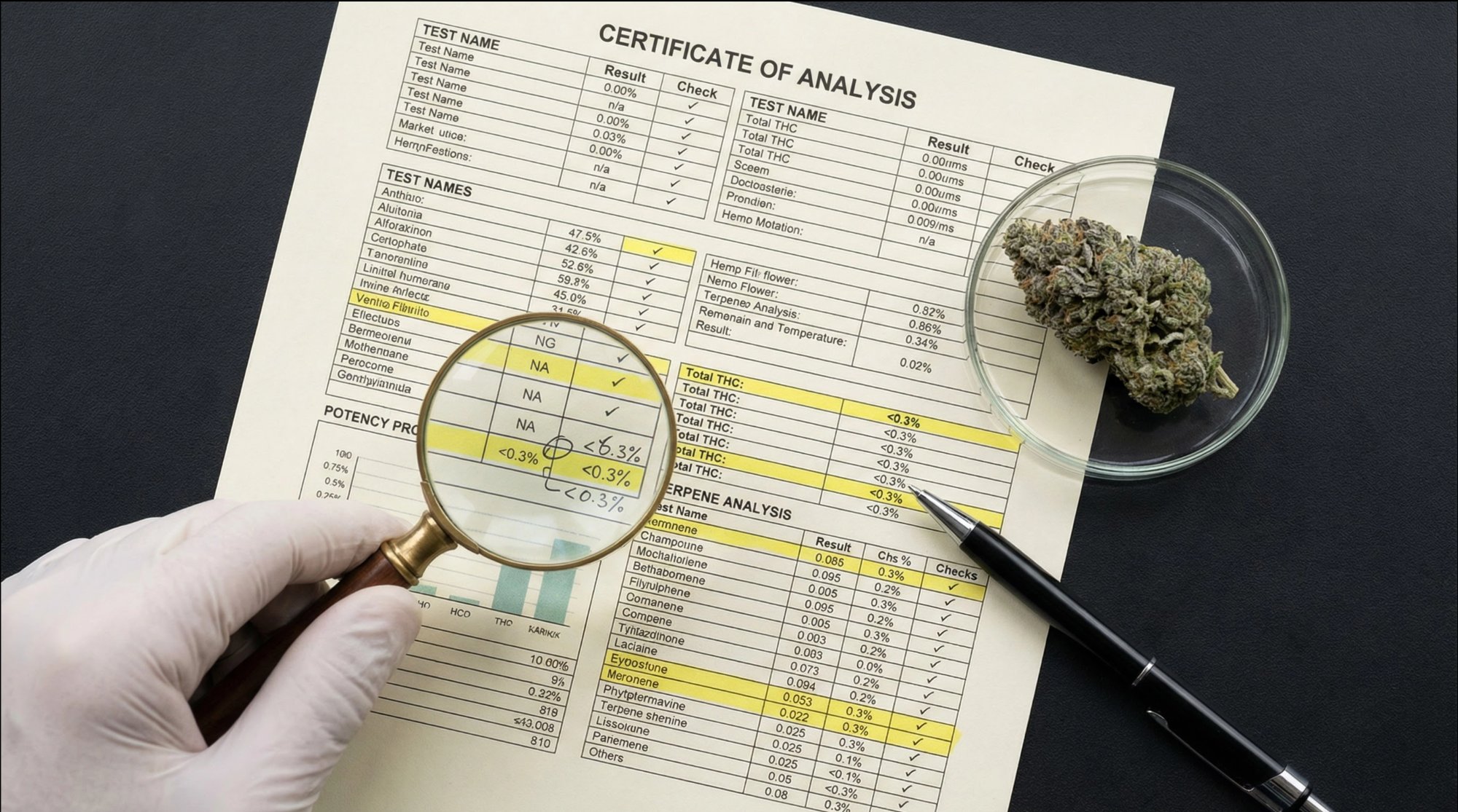 Gloved hand examining Certificate of Analysis with magnifying glass showing potency data