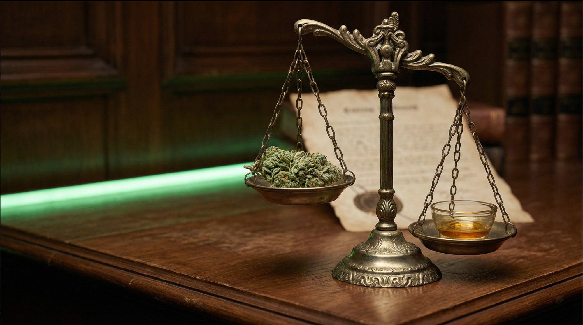 Brass scales of justice weighing raw cannabis flower against golden THC concentrate