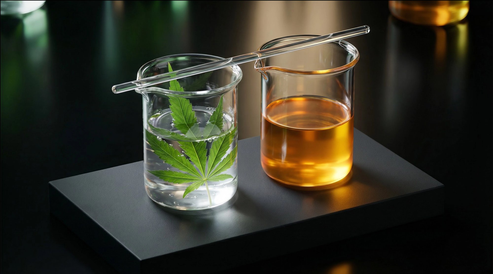 Two lab beakers comparing raw hemp leaf in clear liquid versus golden THC extract